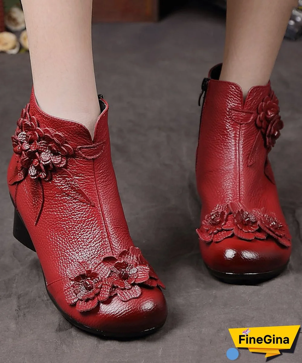 Red Chunky Cowhide Leather Comfy Floral Splicing Boots