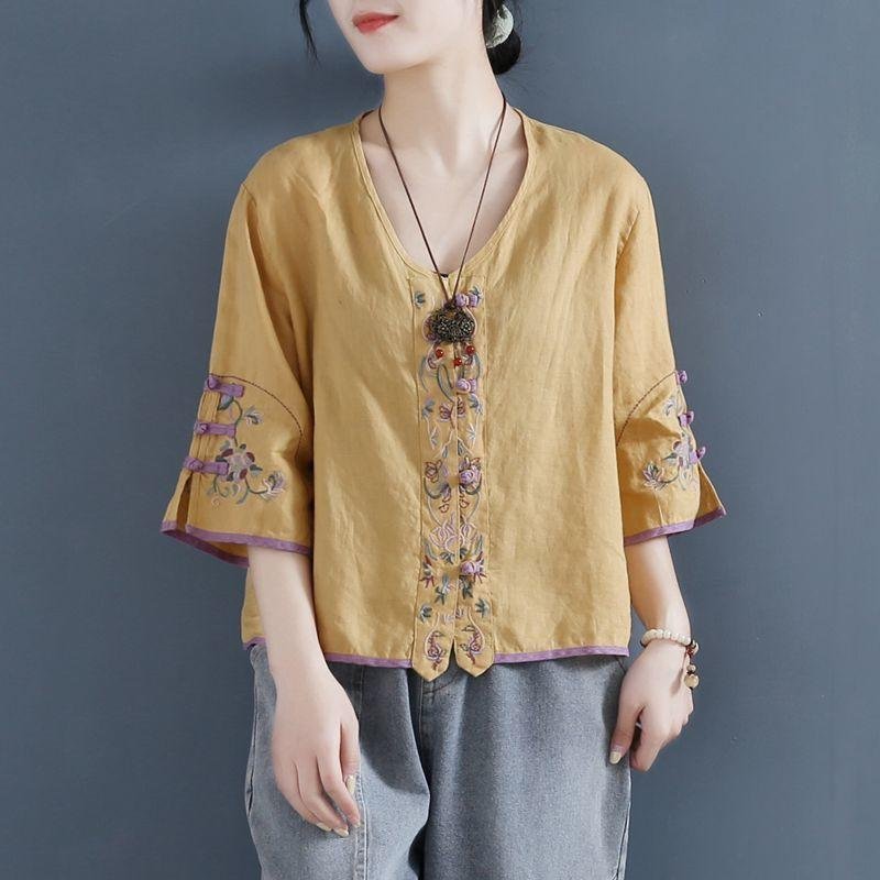 Yellow Floral Casual Cotton-Blend Shirts & Tops Linen