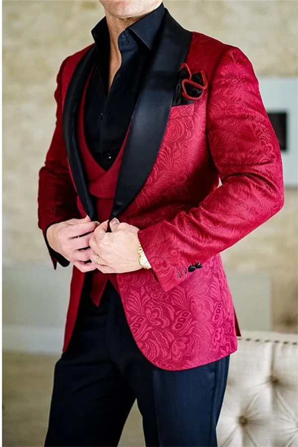 Jacket Red Shawl Lapel Jacquard Business Slim Fit Mans Suit Three Pieces