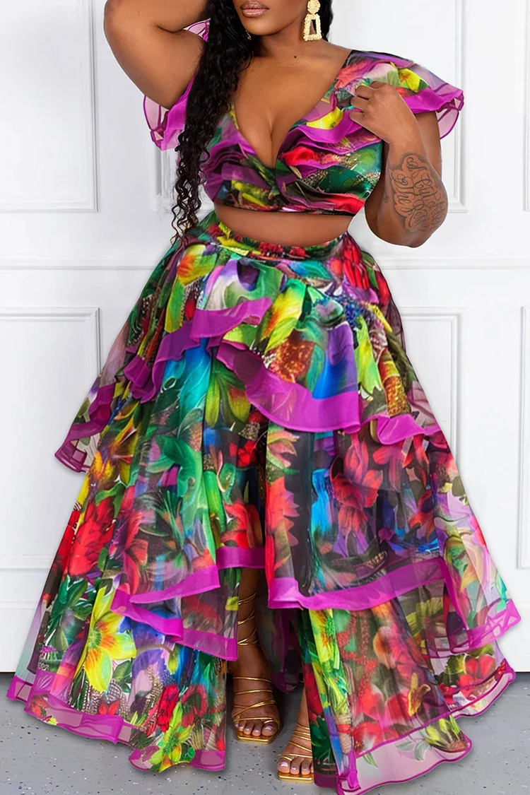 Xpluswear Design Plus Size Daily Multicolor Floral Print Asymmetric Hem Ruffle Chiffon Skirts [Pre-Order]