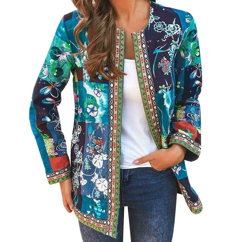 L-5XL Hot Women Spring Autumn Cardigan Women Ethnic Floral Print Pockets Long Sleeve Loose Jacket Coat Cardigan Girls Outwear