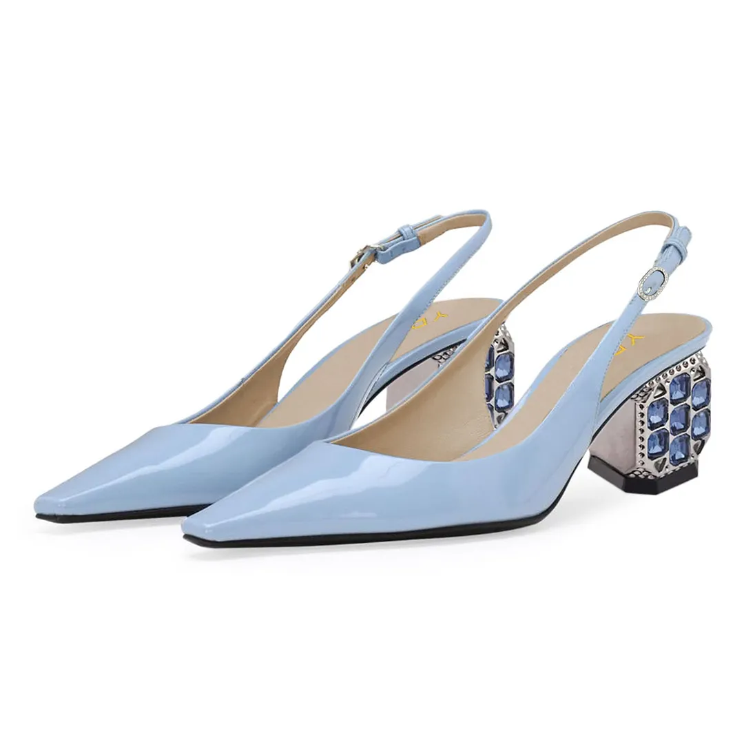 Light Blue Patent Leather Rhinestone Sculptural Heel Slingback Shoes