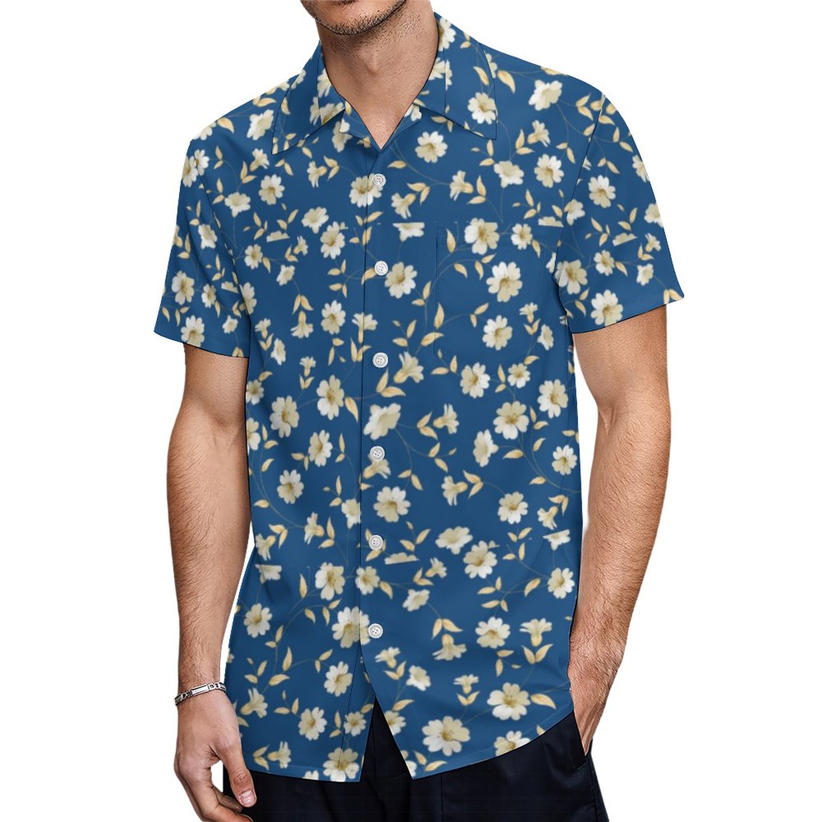 Pretty Blue Background White Garden Flowers Floral Hawaiian Shirt Mens Button Down Tropical Hawaii Beach Shirts