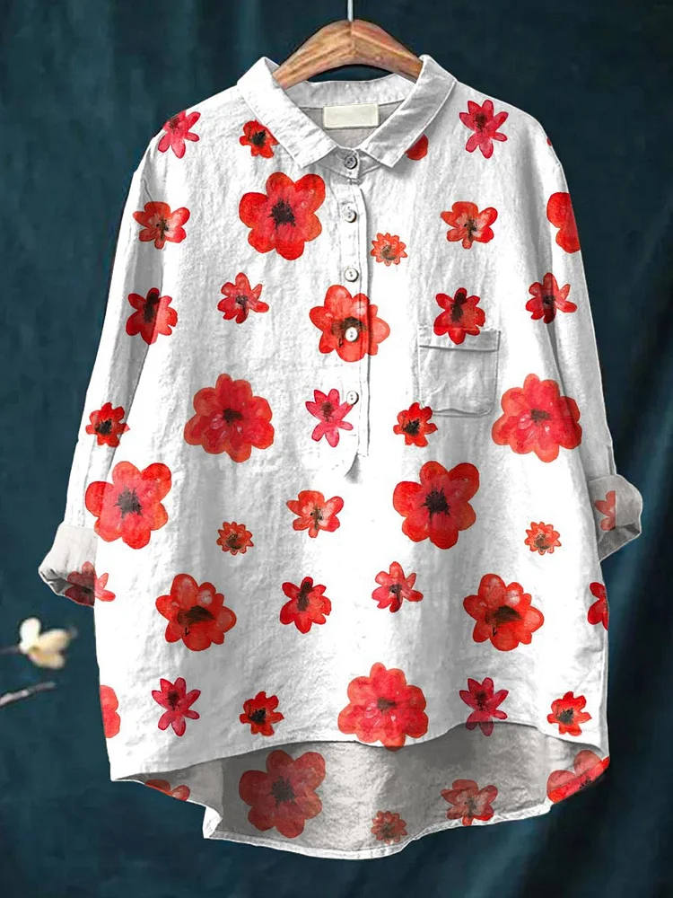 Womens Poppy Pattern Casual Cotton And Linen Shirt