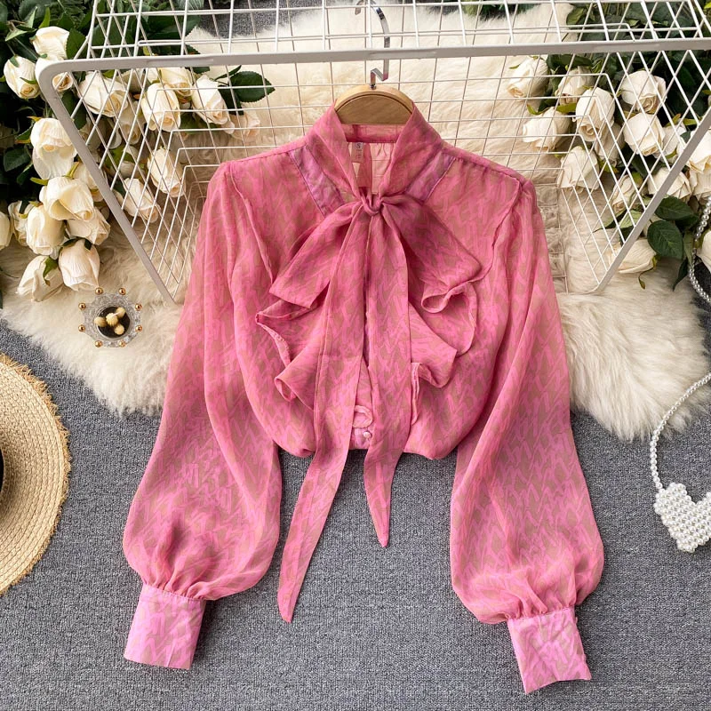 Women&#39;s Spring New Blouse Sweet Pure V-neck Bow Puff Sleeve Fashion Printing Loose Versatile Chiffon Shirt D0139