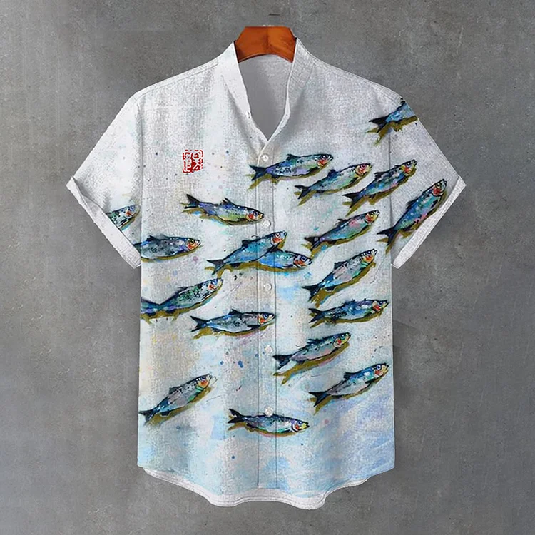 Men's Seaside Sardines Swimming Oil Painting Art Print Casual Short Sleeve Shirt