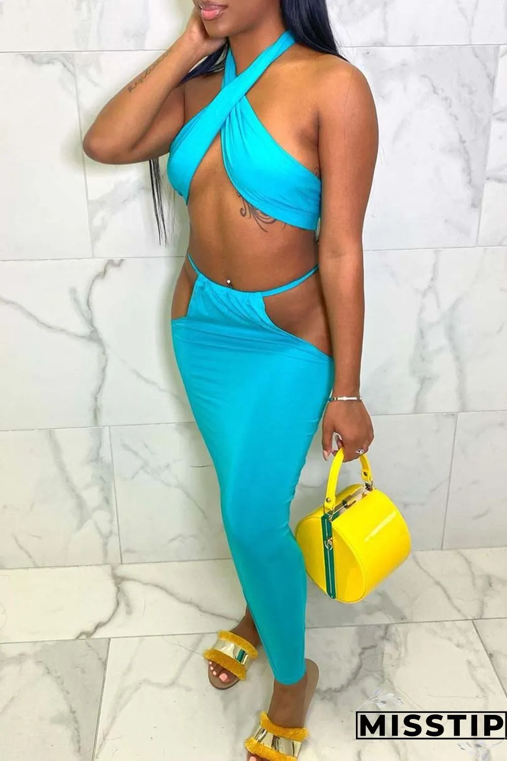 Blue Sexy Solid Hollowed Out Backless Halter Sleeveless Two Pieces