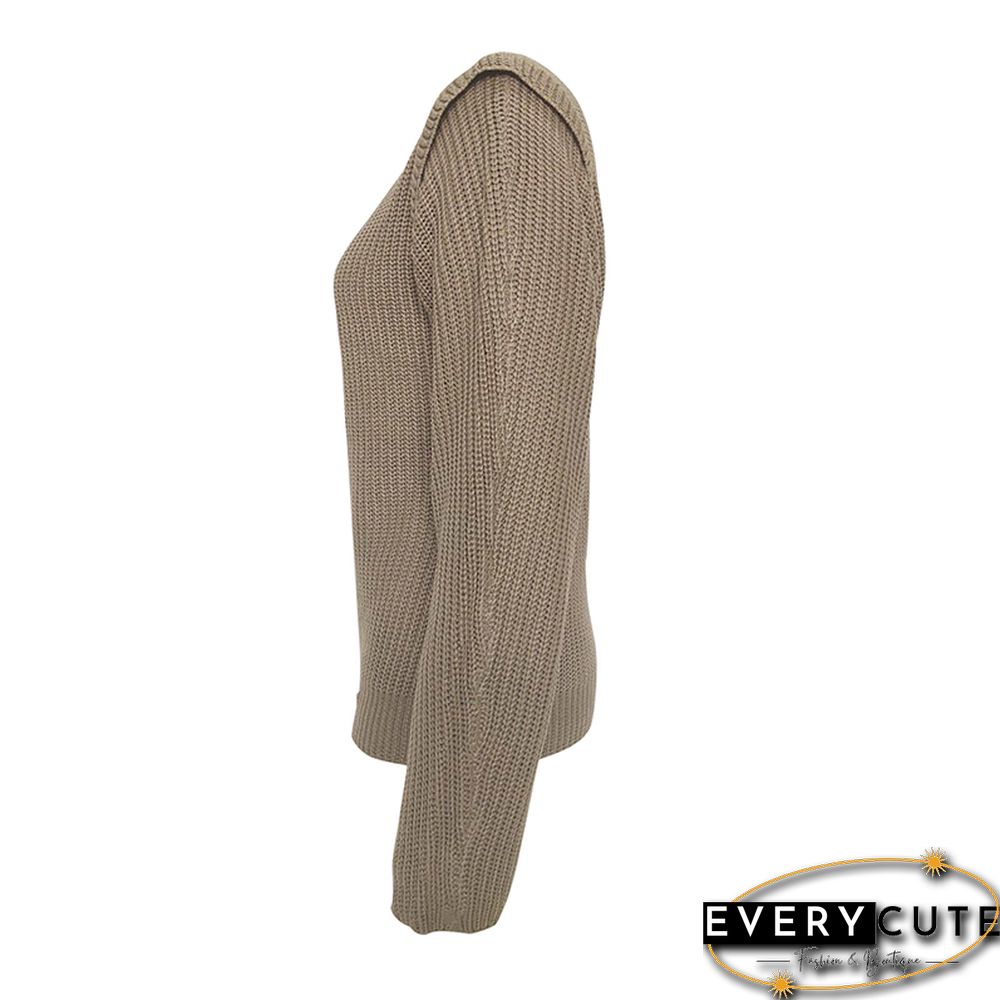 Khaki Knitted Pullover Long Sleeve Sweater