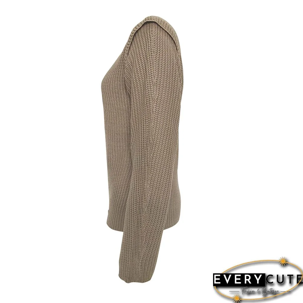 Khaki Knitted Pullover Long Sleeve Sweater