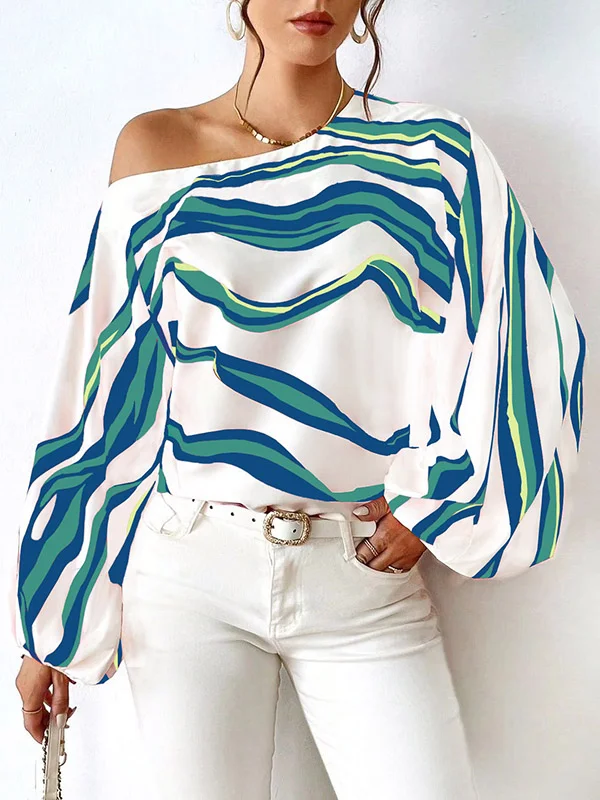 Striped Asymmetric Puff Sleeves Loose One-Shoulder Blouses&Shirts Tops