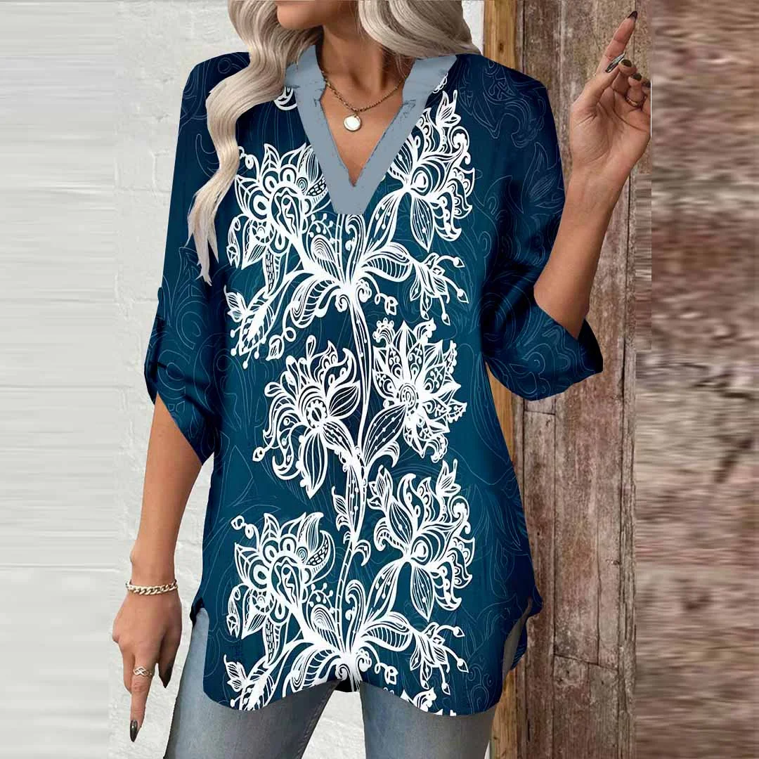 Women Floral, Retro, Dark Green, White DZGA0509 3/4 Sleeve V-neck Printed Graphic Button Tops