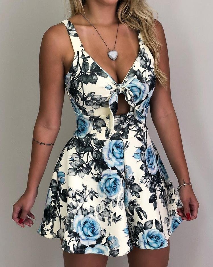 Roses Print Tied Front Casual Romper