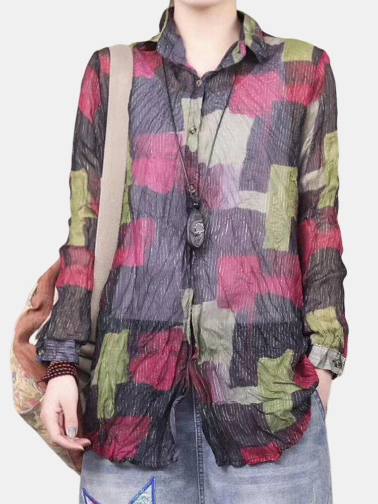 Geometric Multicolor Print Long Sleeve Shirt For Women P1643511
