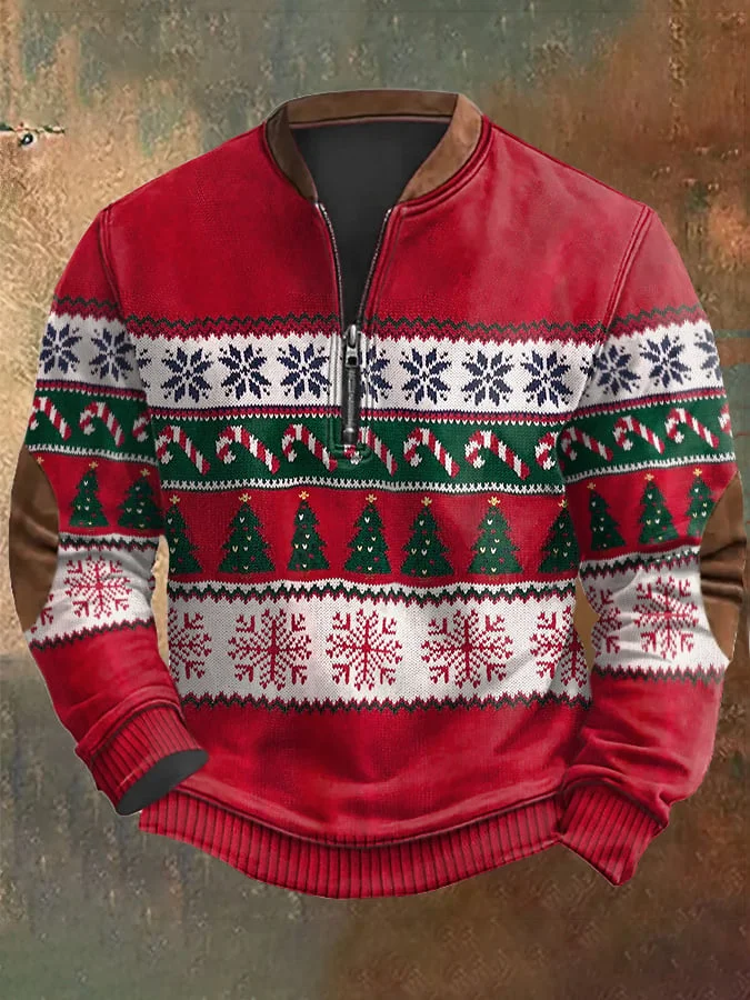 Men's Retro Christmas Print Zip Collar Sweatshirt