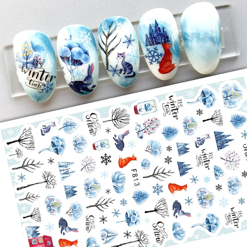 Geometric Lines Flower Leaf 3D Nail Stickers Blue Gold Cool Fall Leaves Spring Transfer Slider Nail Art Decoration Manicures-Nail Inspo