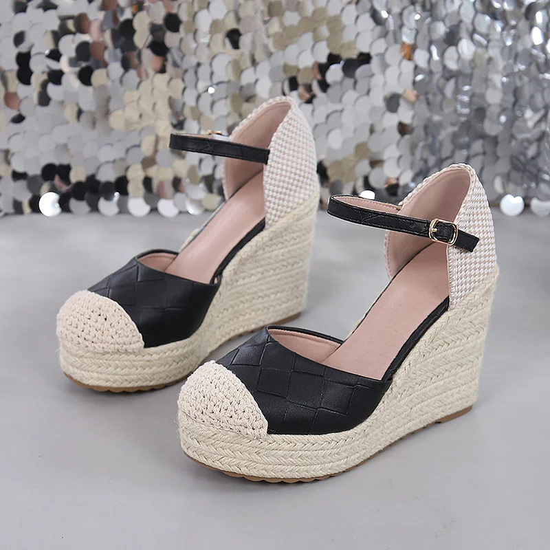 Wongn Wongn Thick Bottom High Heel Round Head Hollow Single Shoes Women's Grass Hemp Rope Bottom