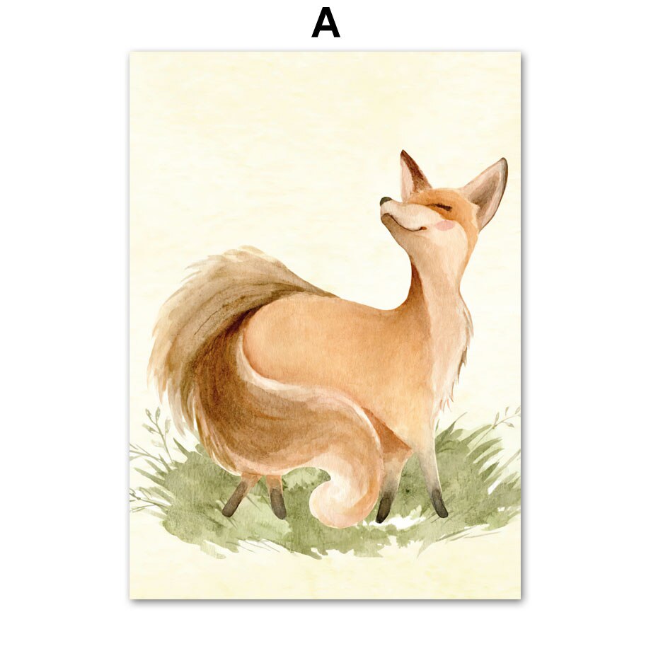 Cute Cartoon Animals Poster Deer Hedgehog Bear Fox Squirrel Owl Butterfly Wall Art Canvas Painting Wall Pictures Kids Room Decor