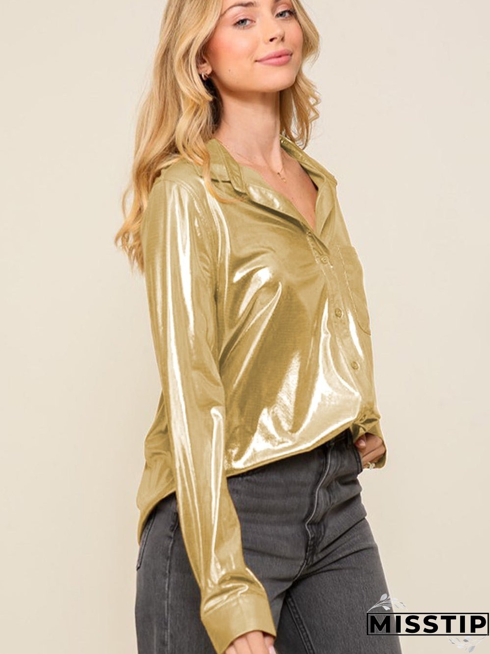 Golden Shimmer Shift Shirt with Chest Pocket