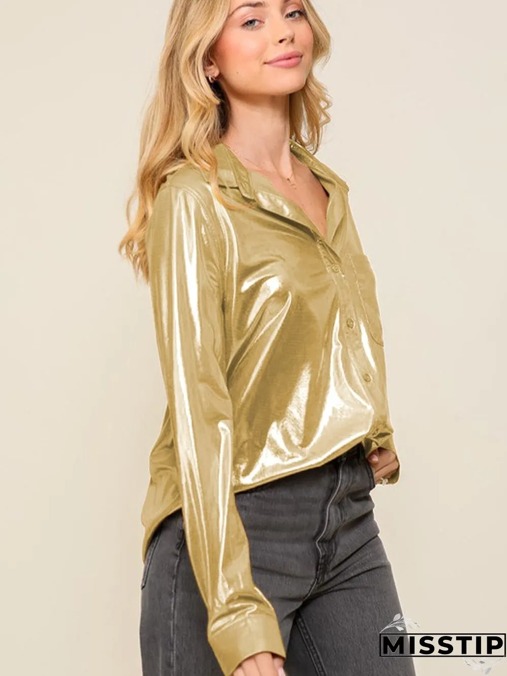Golden Shimmer Shift Shirt with Chest Pocket