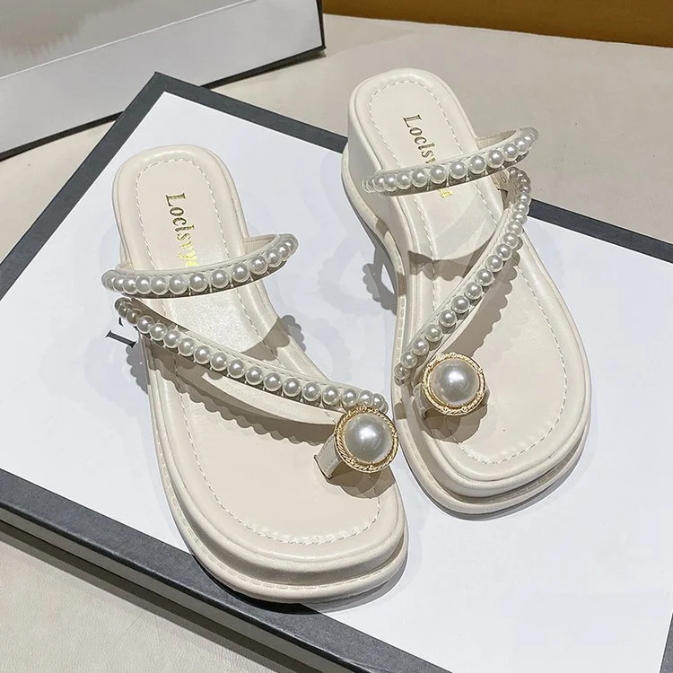 Wongn Wongn Summer New Korean Edition Bead Set Toe Slope With Cool Drag Fashion Sweet Platform Slippers Women's Shoes