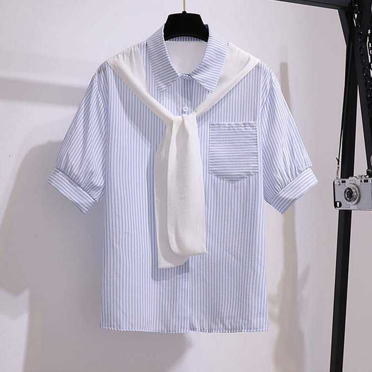Stripe Pocket T-Shirt Hole Denim Shorts Set - Modakawa modakawa