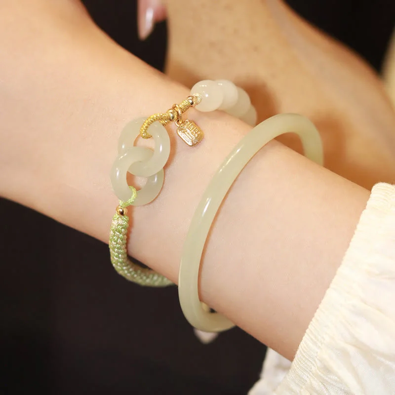Natural Hetian Jade Bead Double Peace Buckle Fu Character Abundance Braided Bracelet