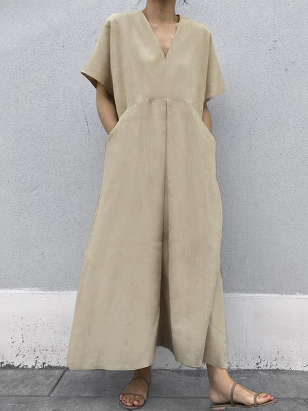 Black&Khaki Simple Loose V-Neck Plus Size Loose Dress