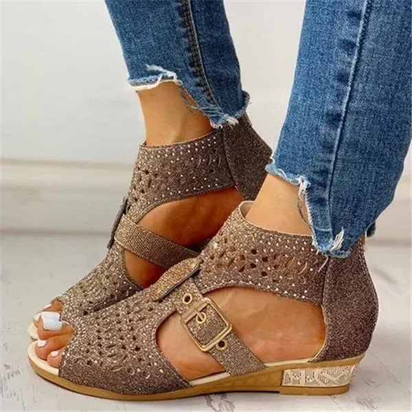 Studded Hollow Out Peep Toe Buckled Sandals