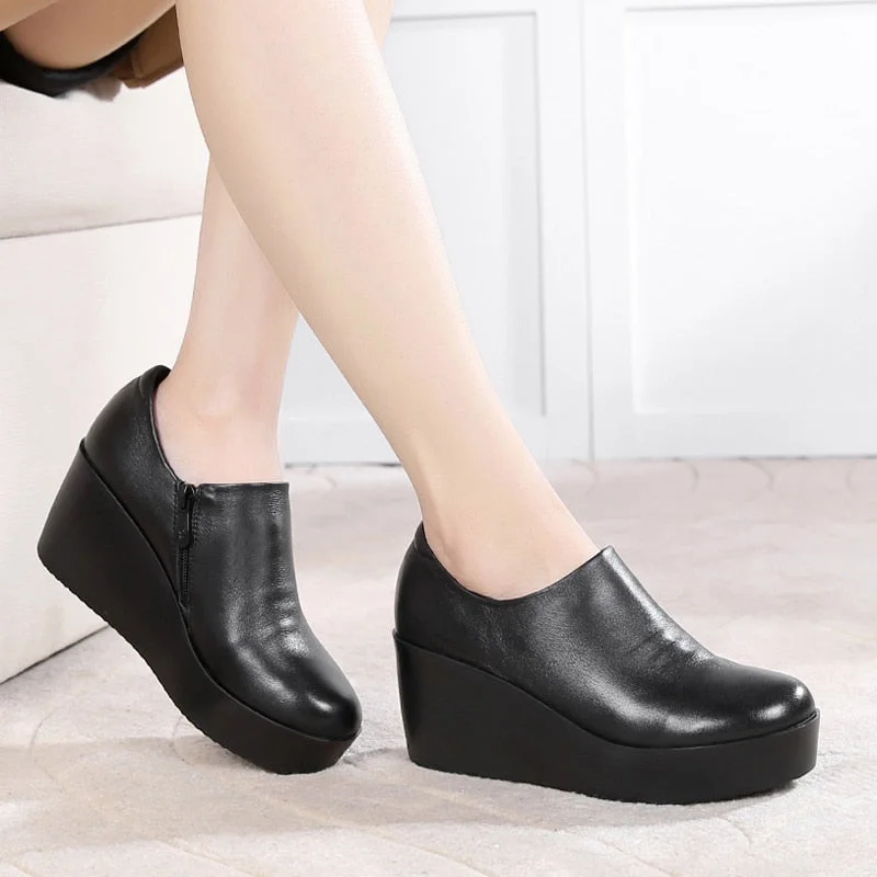 GKTINOO 2022 Wedges Women Shoe Spring Autumn Slip-On High Heels Round Toe Genuine Leather Casual Ladies Platform Shoes Woman