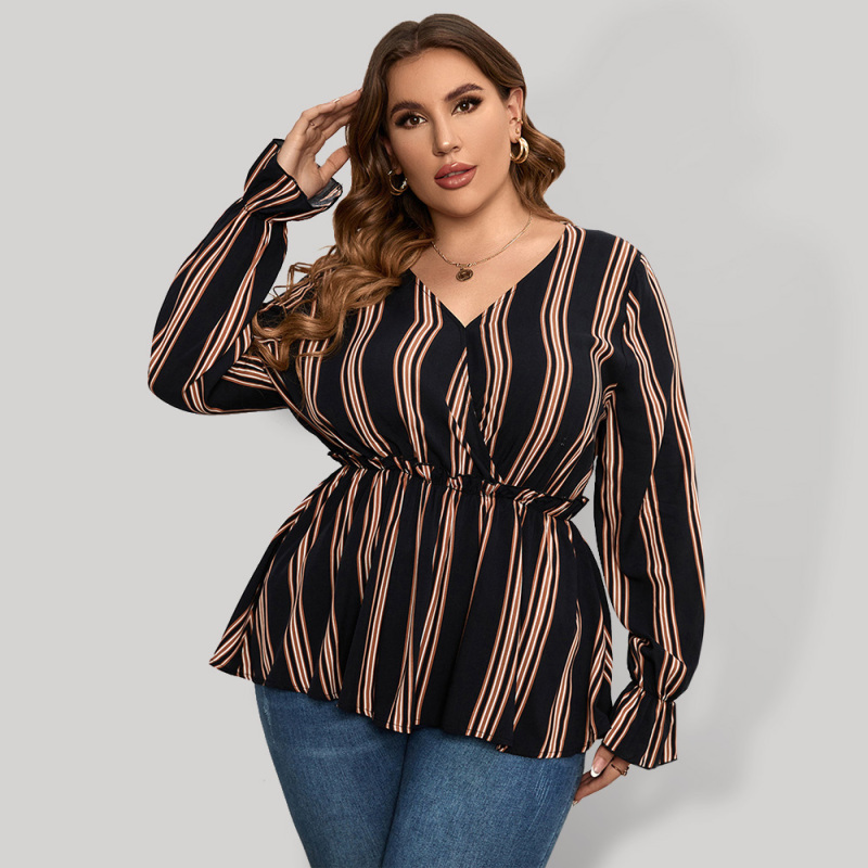 Mature Women Plus Size Shirt Striped Long Sleeve Waist Shirt Top