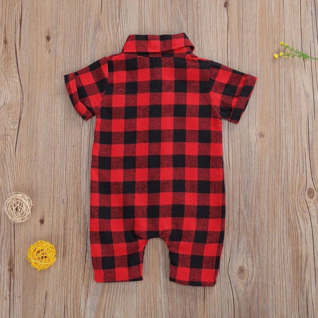 Newborn Infant Baby Short Sleeve Lapel Plaid Romper Fashion Short Sleeve Pocket Buttons Jumpsuits for Baby Girls Boys