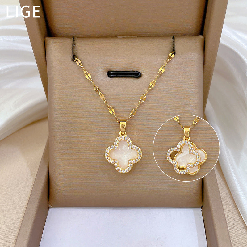 Diamond-Studded Four-Leaf Flower Necklace For Women Double-Sided Shell Clavicle Chain Hot Sale