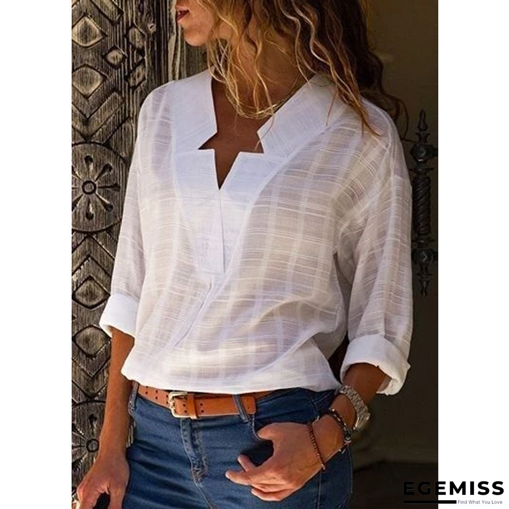 Large size Women's Blouse Long-sleeved Shirt Solid Color V-neck Casual Blouses | EGEMISS