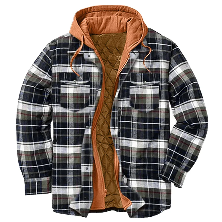 MENS SHERPA FLEECE CASUAL PLAID HOODED JACKETS