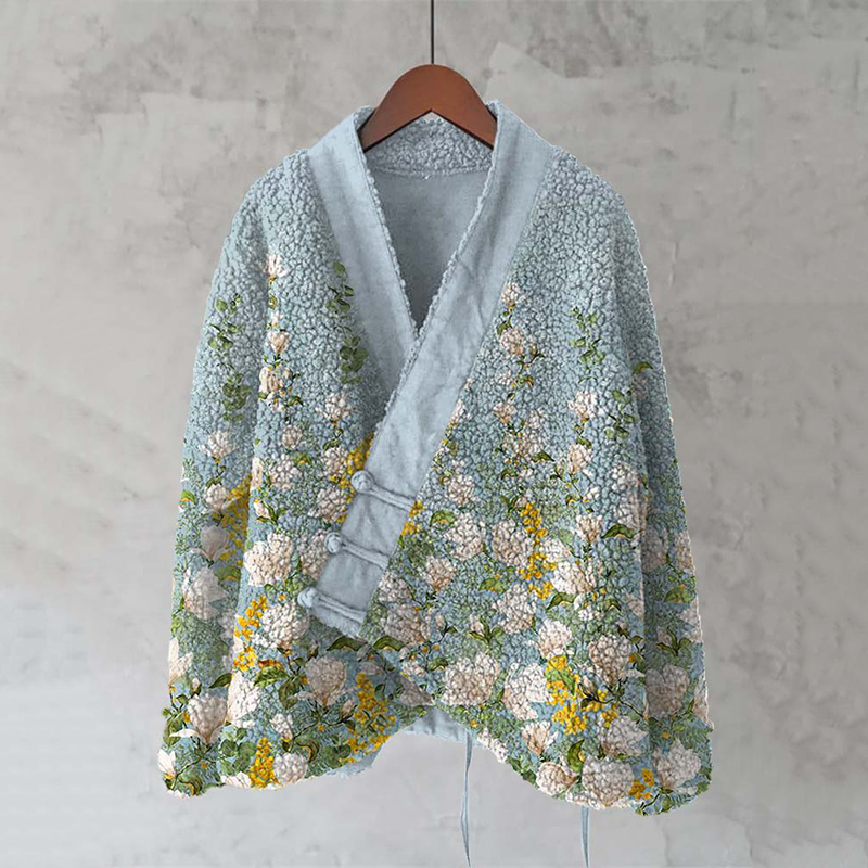 Comstylish Vintage Watercolor Floral Art Cozy Fleece Kimono Cardigan