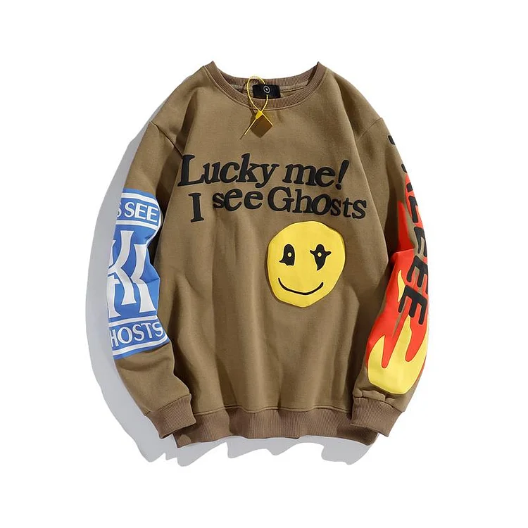 Smiley Flame Print Round Neck Sweatshirts Men Streetwear Fleece Hoodie Pullover-VESSFUL