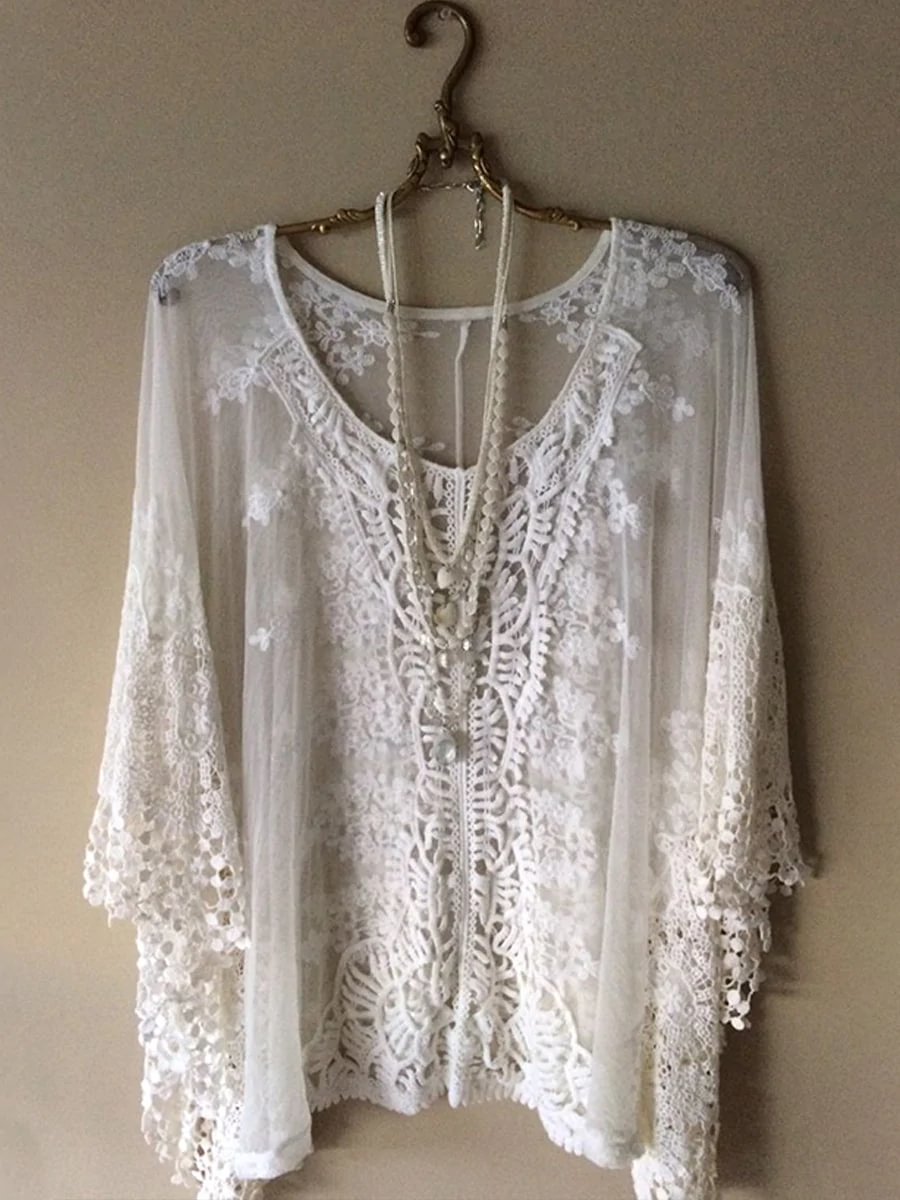 Women's Lace Pure Color Crew Neck Floral Sleeves Casual Linen Top