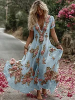 Women's Vintage Floral Embroidery Art Comfy Linen Maxi Dress - Image 5