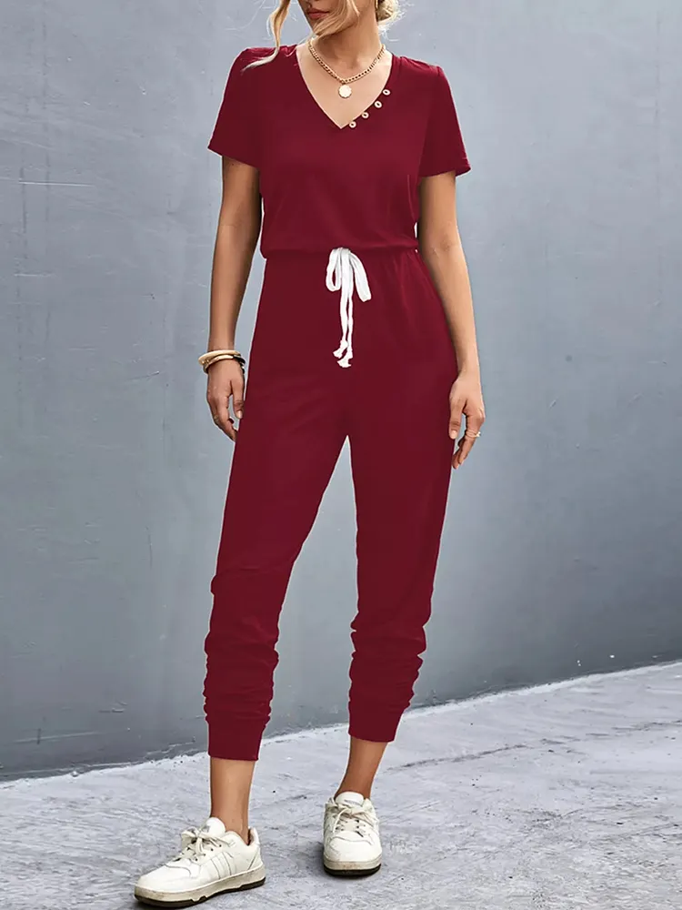 Casual V-Neck Short Sleeve Drawstring Waist Jumpsuit