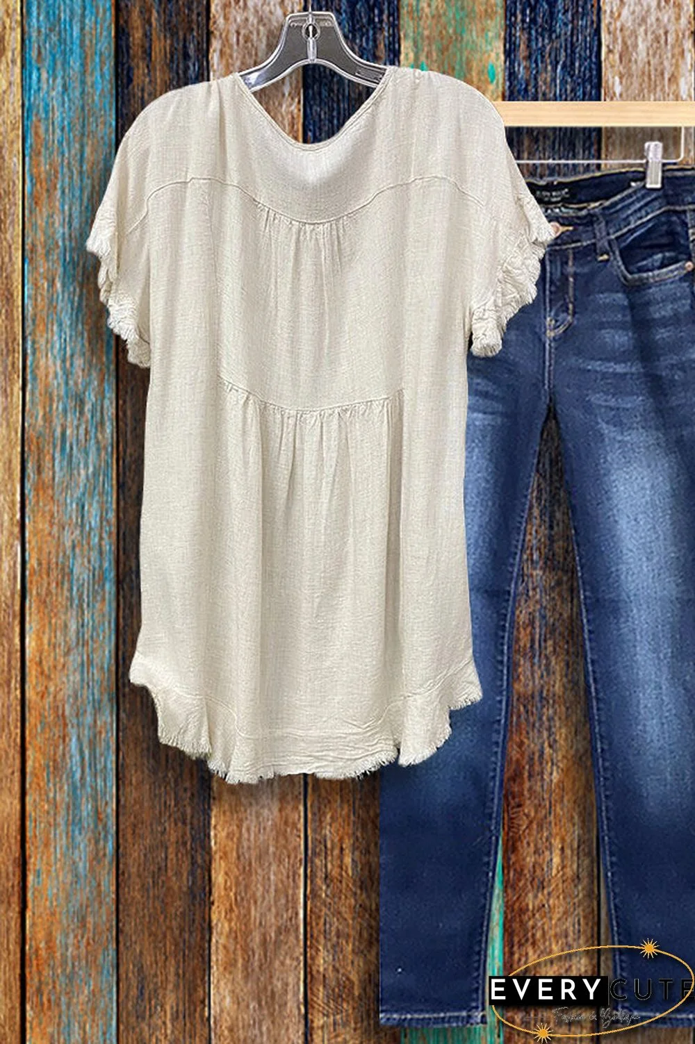 Round Neck Ruffled Pocket T-shirt