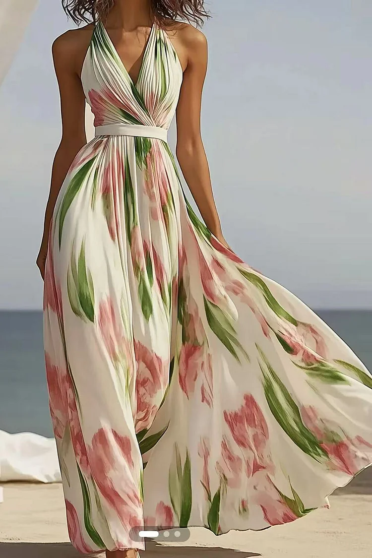 V Neck Halter Cinch Waist Floral Print Vacation Flowy Maxi Dresses-Beige