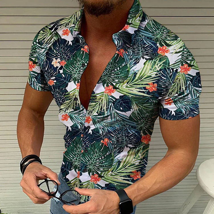 Coconut Tree Pattern Beach Short Sleeves Summer Men Shirts at Hiphopee