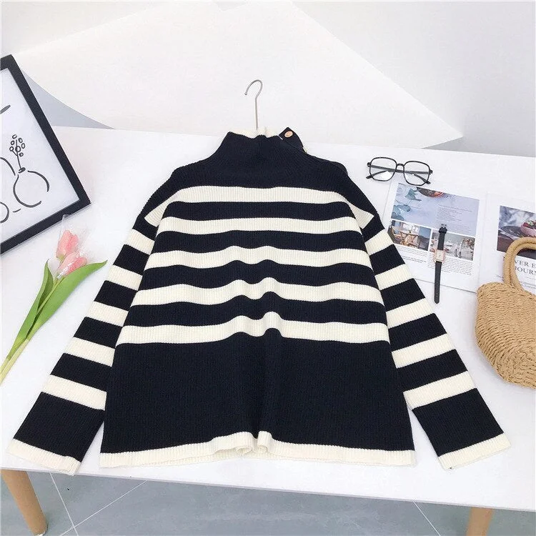 Bornladies Autumn Winter Style French-o High-neck Striped Thick Loose Knit Sweater Jacket Women High Street Sweaters for Women