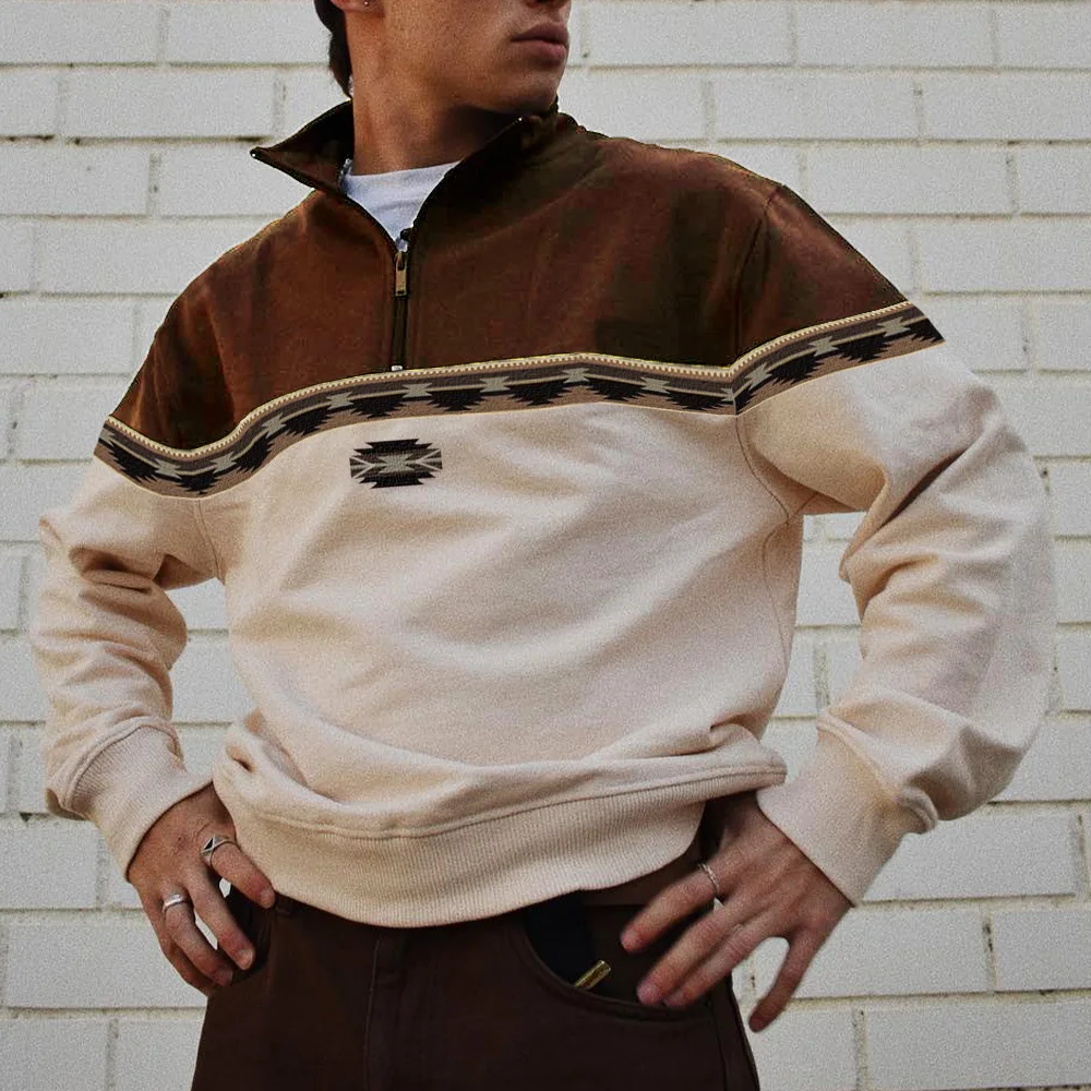 Men's Vintage Print Polo Neck Sweatshirt