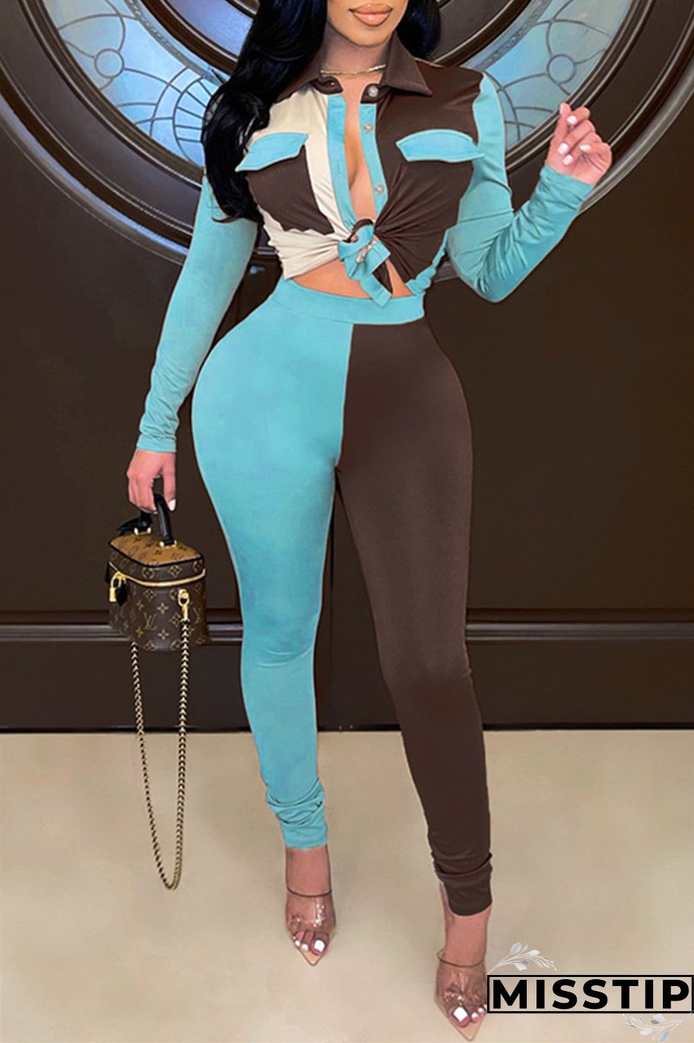 Blue Fashion Casual Patchwork Basic Turndown Collar Long Sleeve Two Pieces