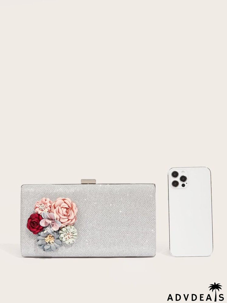 Glitter Floral Decor Chain Box Bag