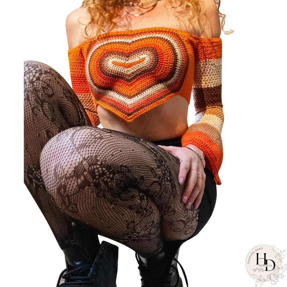 Aesthetic Grunge Sweater Vest Women Contrast Color Heart Print Flared Long Sleeve Knitwear Y2k Fairycore T Shirt