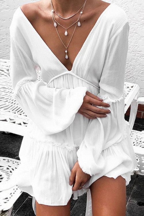 White Deep V Lantern Sleeves Mini Dress - Shop Trendy Women's Clothing | LoverChic