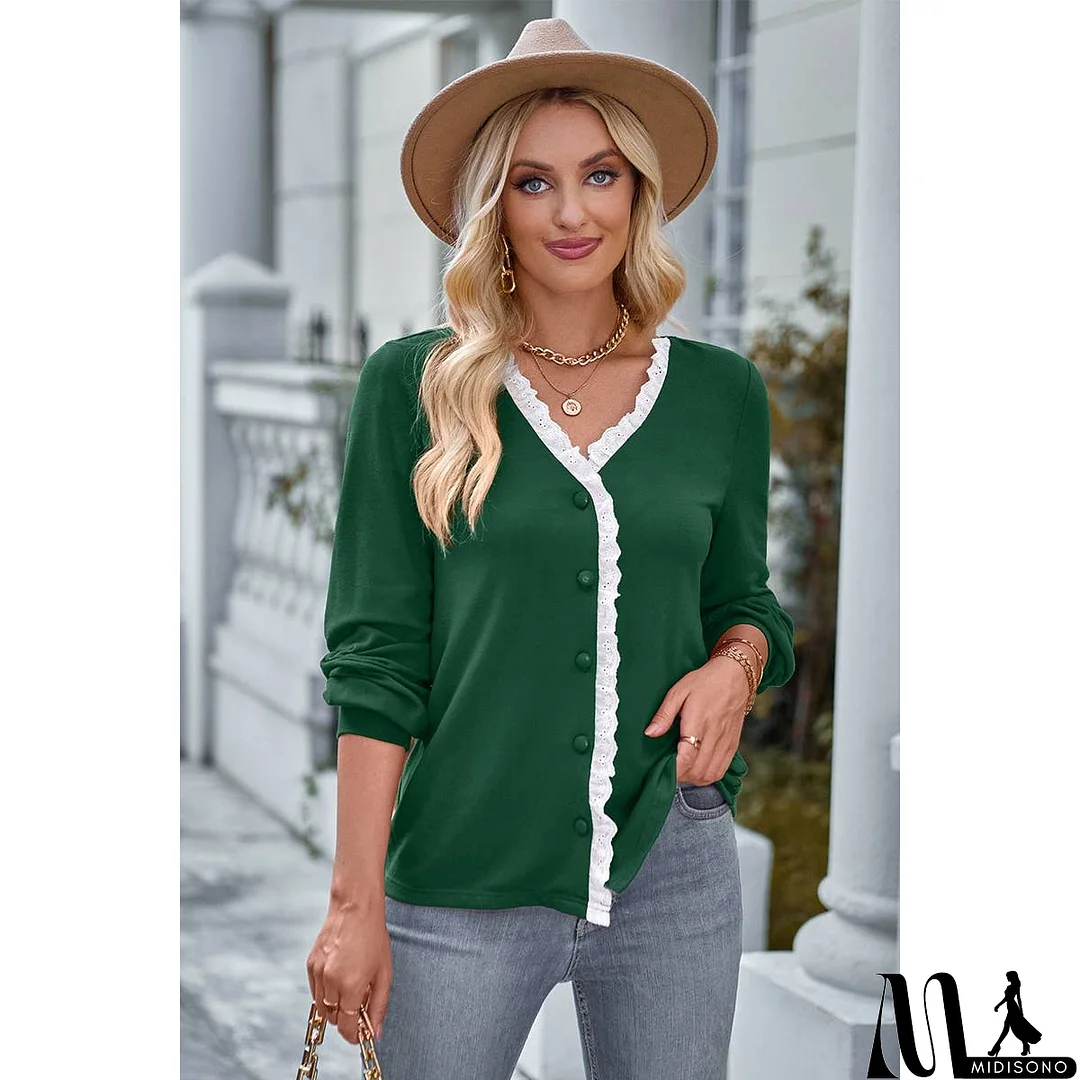 MidiSono - Front Open Button Lace Trim Fit V Neck Top