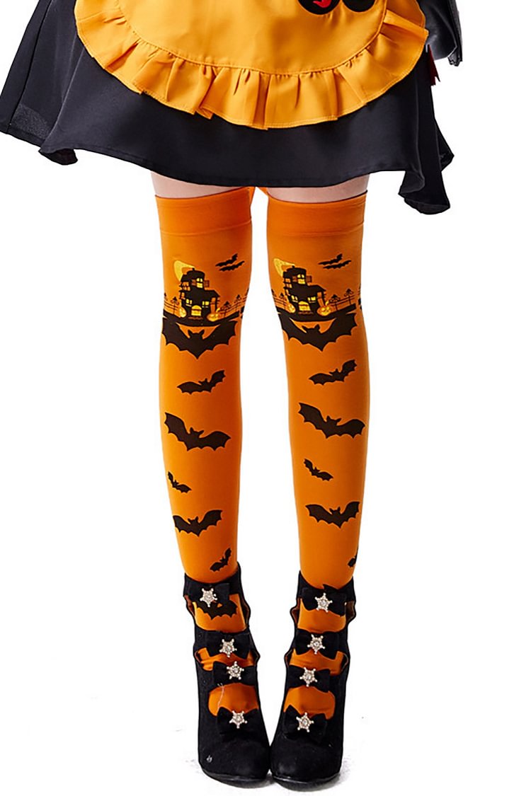 Halloween Costumes Witch Vampire Bat Print Over Knee Silk Stockings